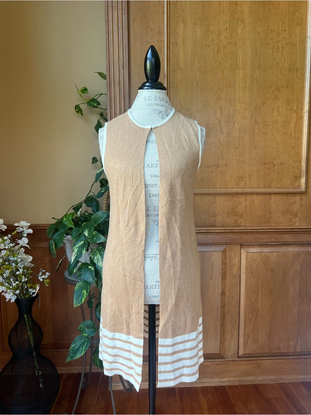 Talbots Tan Sleeveless Open Sweater Duster White Striped Hem XS Women’s